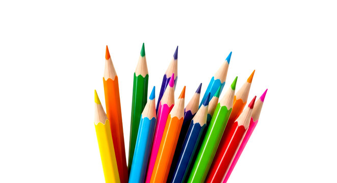 A vibrant collection of sharpened colored pencils fanned out and isolated on transparent background