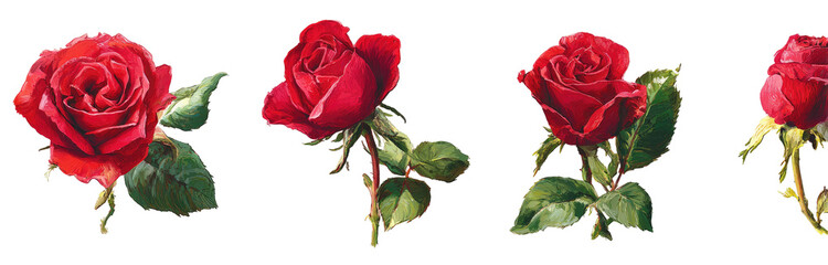 Four vivid red roses with green leaves