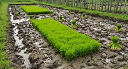 Vibrant Rice Seedlings Ready for Planting in a Muddy Paddy Field