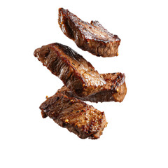 Three browned,  grilled meat slices,  levitating