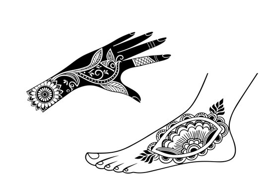 Traditional mehendi on hands set. Indian henna tattoos, Arabic patterns on palms. Diverse women with different designs, styles of mehndi, floral ornaments, henna design hand and foot silhouette pack
