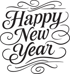 Vintage ornate Happy New Year lettering with decorative swirls and elegant calligraphy, festive black and white typography for holiday greeting cards and posters