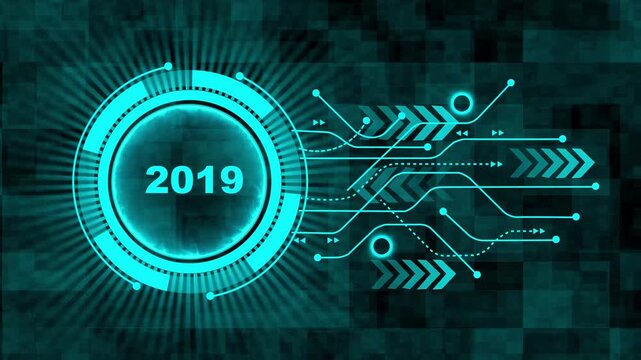 3d text animation 4k video. 2019 text with screen effects of technological failures. Concept of counting years. Past year technology concept on black background. 4k rendering video.
