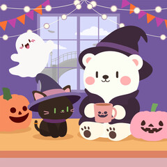 Kawaii Halloween Bear and Cat Indoors, Cute Cartoon Party Illustration. Adorable Halloween Interior Scene with Witch Bear and Ghost.