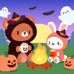 Cute Halloween Bear and Bunny by Campfire, Kawaii Halloween Night Vector.Adorable Halloween Campfire Scene with Ghosts and Pumpkins, Cartoon Illustration.