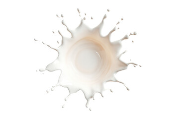 A symmetrical, radiating milk splash against a black background.  Creamy white liquid forms a circular burst, with splatter and a hollow center.  High-contrast image