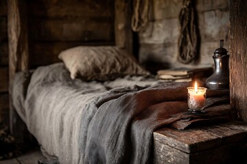 A warm, rustic bedroom interior illuminated by a single flickering candle, evoking a sense of peaceful solitude and historical charm.