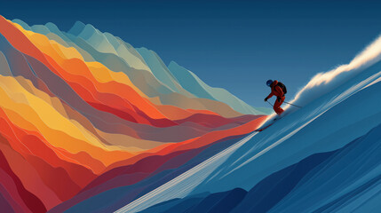 Professional skier, freestyle skiing, hand drawn flat illustration, vector art poster, skiing poster, winter sports poster, winter olympics concept, ultra high resolution