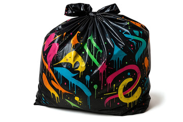 Black trash bag tightly tied, glossy surface with colorful graffiti and pop art patterns, isolated on white background