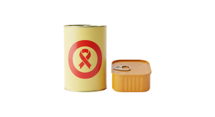 Yellow cylindrical container with red ribbon symbol and a small orange and beige dispenser isolated on transparent background