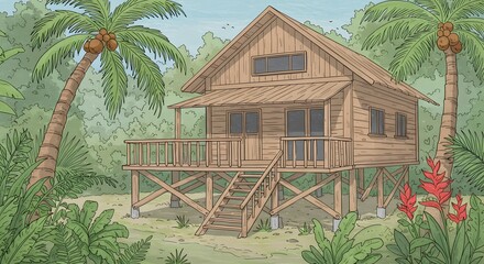Wooden stilt house in a lush tropical jungle with palm trees and exotic flowers