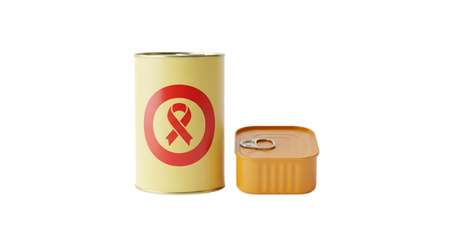Yellow cylindrical container with red ribbon symbol and a small orange and beige dispenser isolated on transparent background