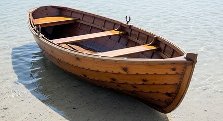 Obraz premium Classic wooden rowboat resting peacefully on a sandy beach shore.