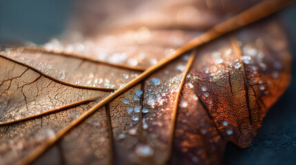 霜が降りた秋の枯葉のマクロ写真