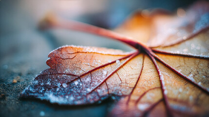 霜が降りた秋の枯葉のマクロ写真