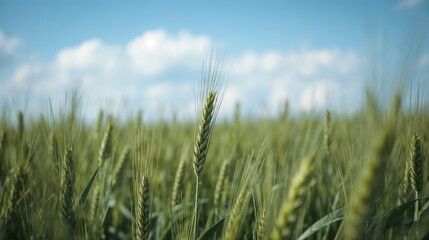 Obraz premium A serene landscape of spikes of vibrant green wheat swaying gently in the breeze, set against a clear blue sky with a few puffy white clouds, the wheat stalks are densely packed and stretch towards th