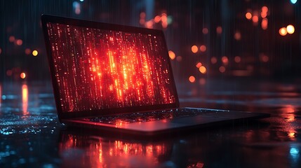 Illuminated laptop displaying vibrant red matrix code in a wet setting