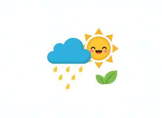 Cute Cartoon Sun Shower Icon: Smiling Sun Behind Rain Cloud, Flat Design Weather Forecast Vector.