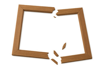 Broken wooden picture frame representing loss, separation, and ending relationship concepts on transparent background