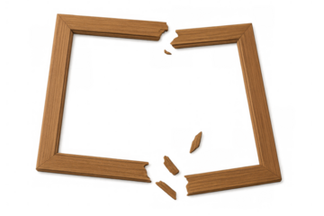 Broken wooden picture frame representing loss, separation, and ending relationship concepts on transparent background