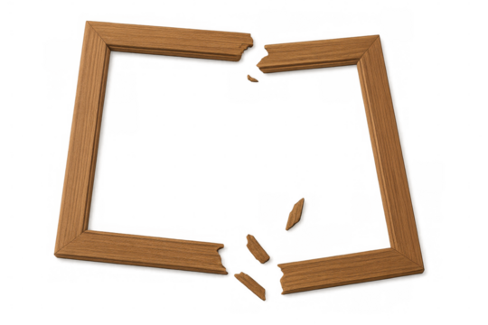 Broken wooden picture frame representing loss, separation, and ending relationship concepts on transparent background