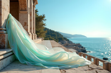 Translucent Bioplastic Silk Draped Over Mediterranean Marble Amphitheater