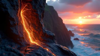 Monumental Basalt Sculpture with Luminous Seismic Fracture on Coastal Cliff