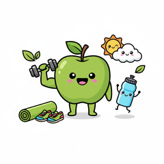 Cute Apple Mascot Cartoon Character Doing Fitness Workout, Symbolizing Healthy Lifestyle and Nutrition