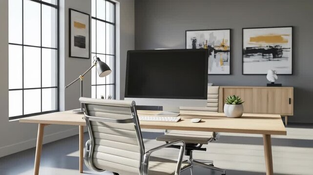 Bright, modern office with large windows, a computer, and abstract art