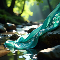 Luminous organic silk with bioluminescent pattern draped over sunlit river stones