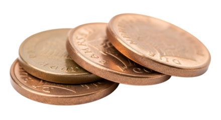Close up of a small stack of shiny copper coins with visible details and texture isolated on transparent background