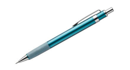 A sleek metallic teal ballpoint pen with a patterned grip isolated on transparent background