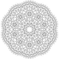 Asian floral mandala for adults coloring book. Vector ethnic circular ornament. Black and white linear illustration