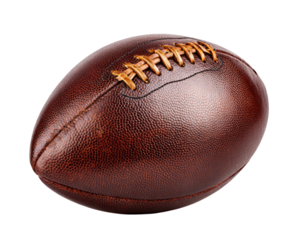 Close-up of a vintage American football. Leather ball, brown, with stitched seams. Classic sports equipment