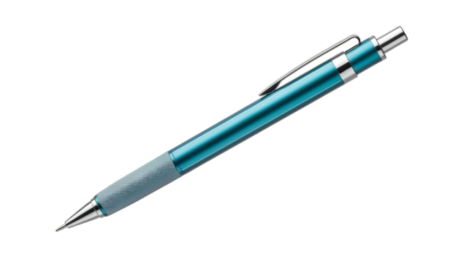 A sleek metallic teal ballpoint pen with a patterned grip isolated on transparent background