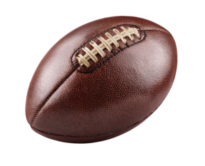 Close-up of a classic American football. Dark-brown leather ball, stitched seams, oval shape, isolated against black background