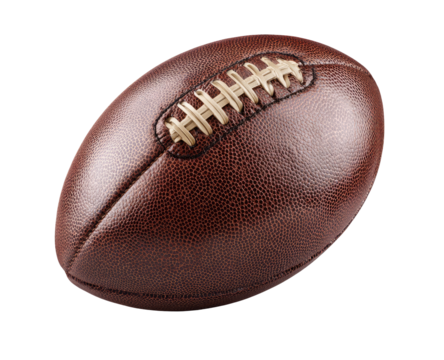 Close-up of a classic American football.  Dark-brown leather ball, stitched seams,  oval shape,  isolated against black background