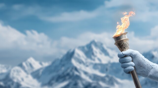A hand in white gloves gracefully holds an Olympic torch, its flame flickering against a backdrop of clouds and snow-capped mountains, embodying the spirit of the winter games. - Powered by Adobe