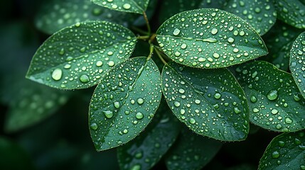 Close up of foliage covered in water droplets after a rain shower outside