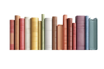 A row of various-colored hardback books on a shelf