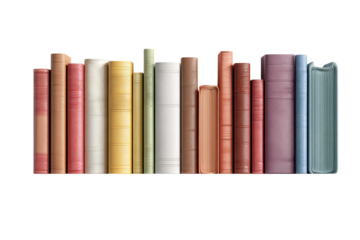 A row of various-colored hardback books on a shelf