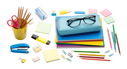 Collection of school and office supplies including pencils pens scissors stapler erasers sticky notes and glasses isolated on transparent background