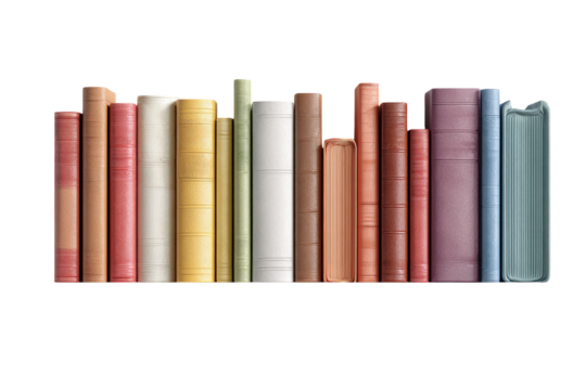 A row of various-colored hardback books on a shelf