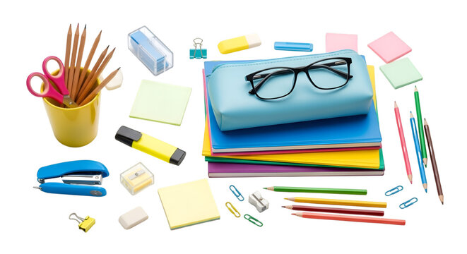 Collection of school and office supplies including pencils pens scissors stapler erasers sticky notes and glasses isolated on transparent background