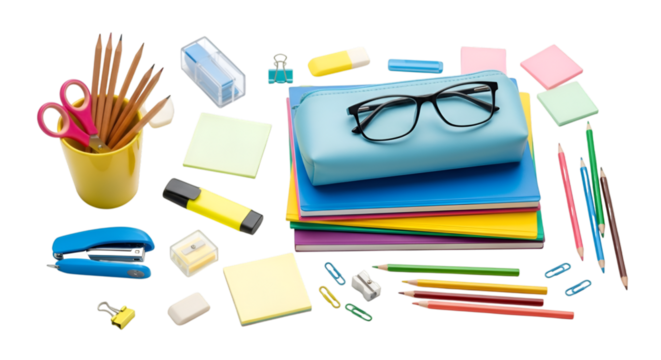 Collection of school and office supplies including pencils pens scissors stapler erasers sticky notes and glasses isolated on transparent background