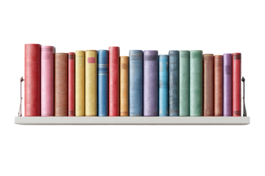 Rows of colorful books on a white shelf