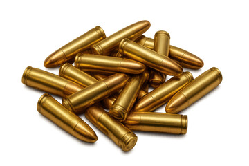 Cartridges pile on transparent background representing themes of weaponry, defense, and power