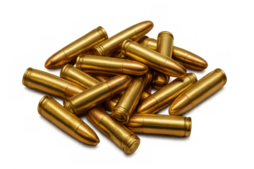 Cartridges pile on transparent background representing themes of weaponry, defense, and power