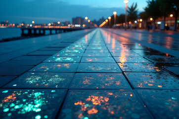 Hyper-real kinetic crosswalk mosaic on wet seaside promenade at blue hour
