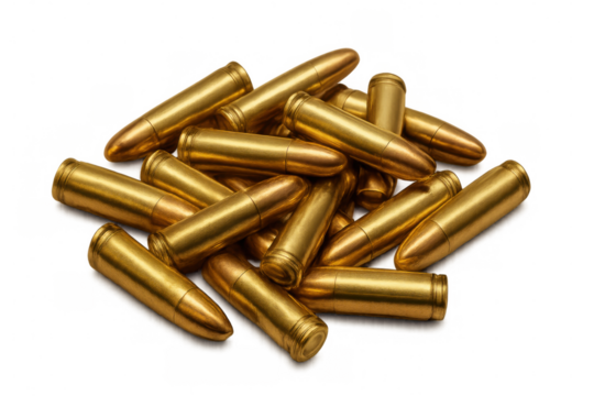 Cartridges pile on transparent background representing themes of weaponry, defense, and power